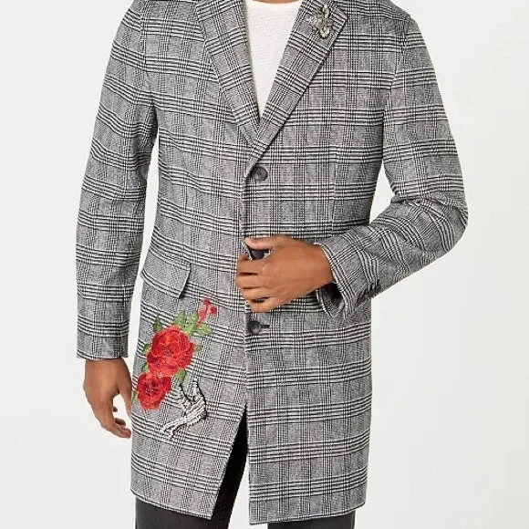 INC Glen Plaid Pea Coat Black White Embellished Small Rose Embroidery - Picture 2 of 12